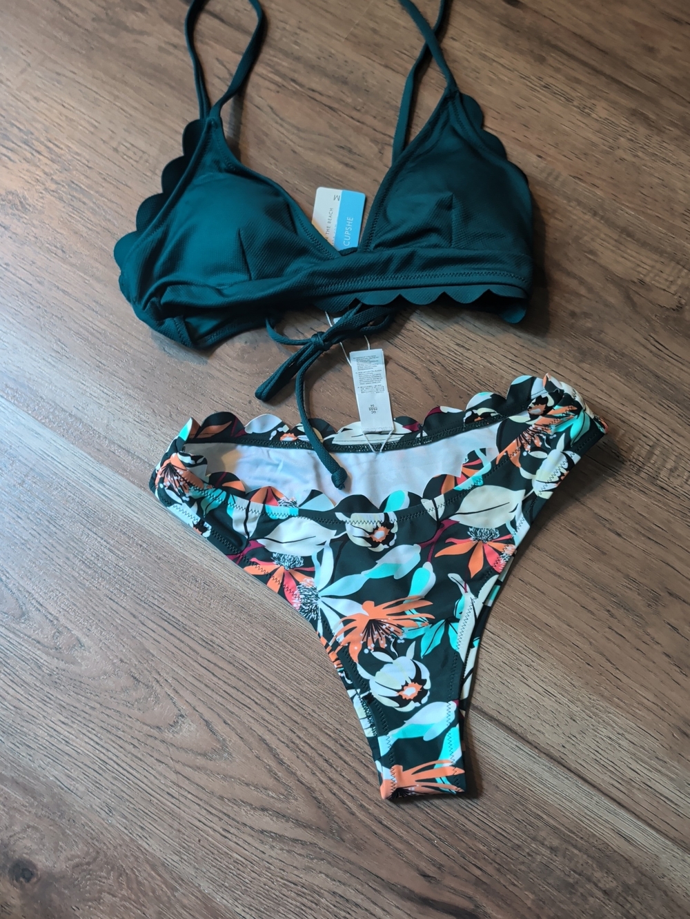 Cupshe Teal Scallop Triangle Top with Black Floral Print Bikini Bottom